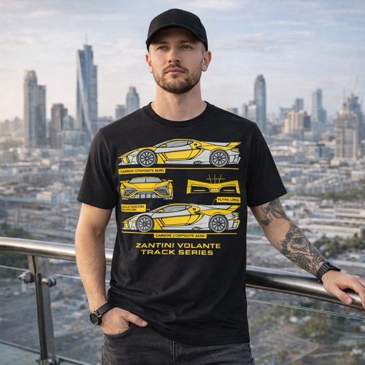 ZANTINI Volante Track Series T-Shirt – Hypercar Blueprint Design, Automotive Streetwear Graphic Tee for Car Enthusiasts