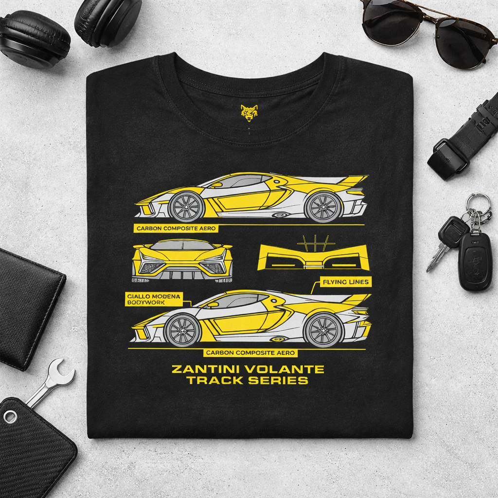ZANTINI Volante Track Series T-Shirt – Hypercar Blueprint Design, Automotive Streetwear Graphic Tee for Car Enthusiasts