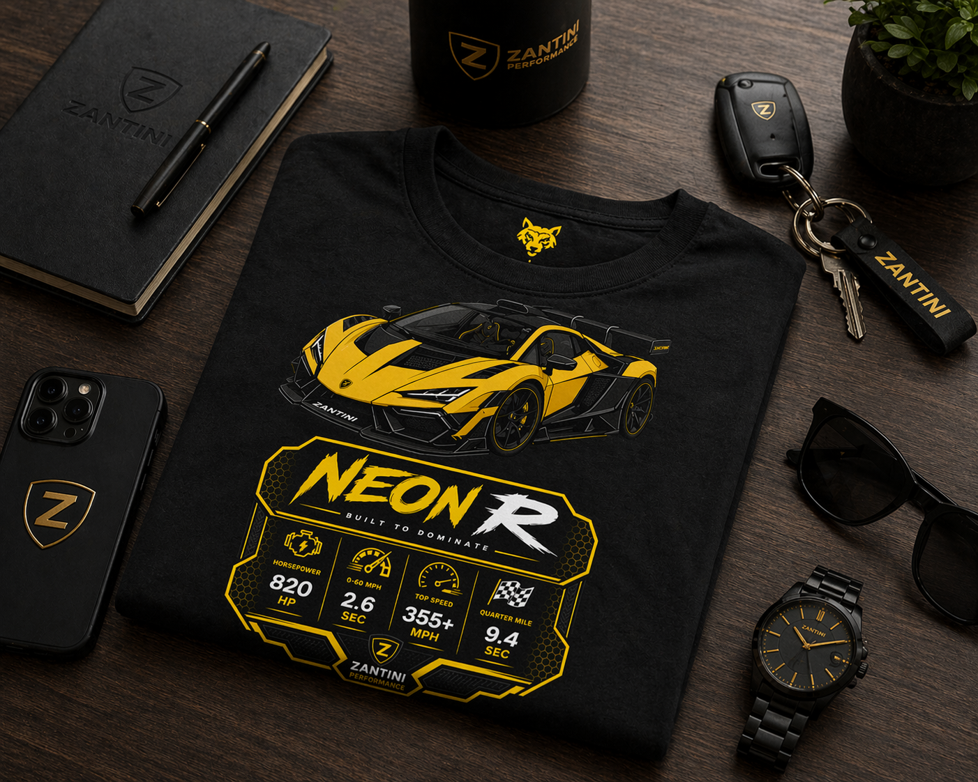ZANTINI Neon R Hypercar T-Shirt – Ferrari Yellow Motorsport Graphic Tee