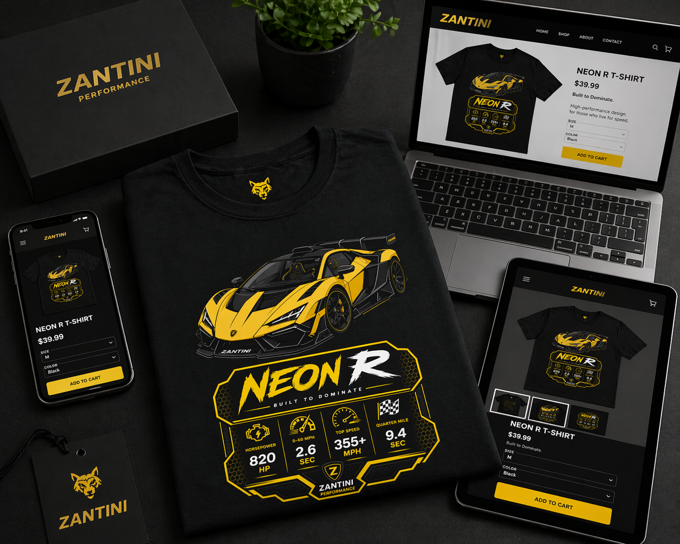ZANTINI Neon R Hypercar T-Shirt – Ferrari Yellow Motorsport Graphic Tee