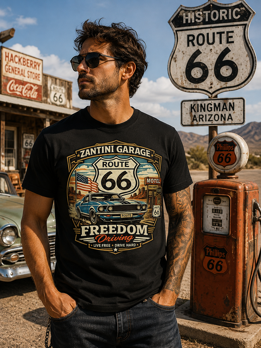 ZANTINI GARAGE Route 66 Freedom Driving Vintage Muscle Car T-Shirt