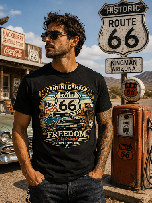 ZANTINI GARAGE Route 66 Freedom Driving Vintage Muscle Car T-Shirt