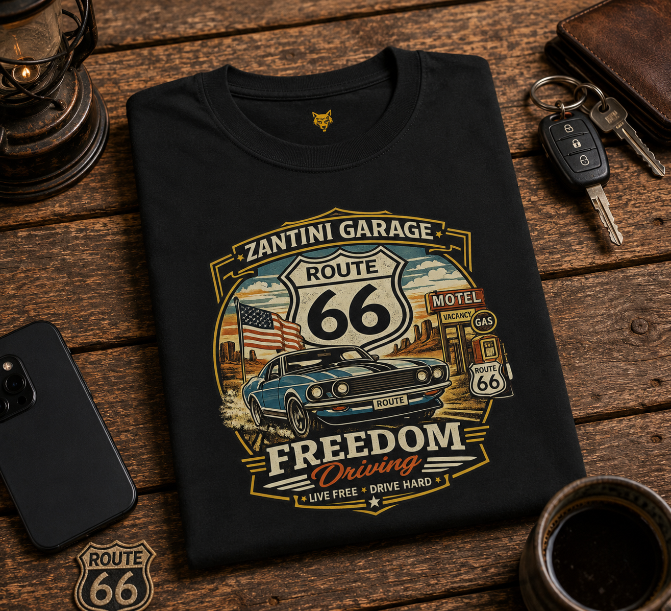 ZANTINI GARAGE Route 66 Freedom Driving Vintage Muscle Car T-Shirt