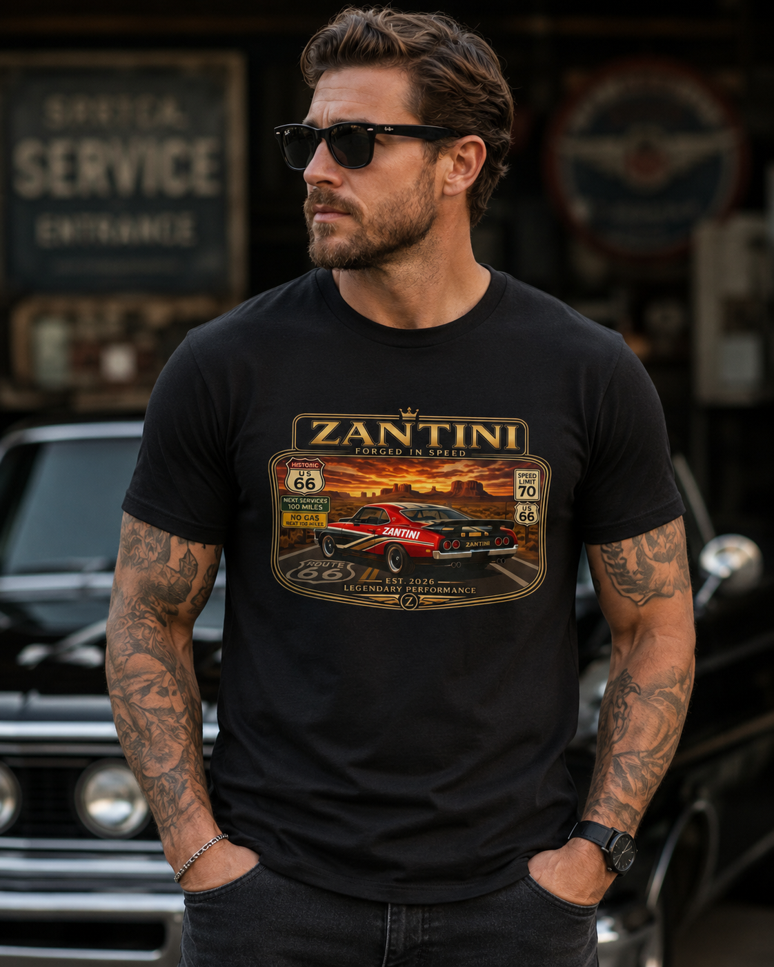 ZANTINI Route 66 Vintage Muscle Car Graphic T-Shirt – Forged In Speed