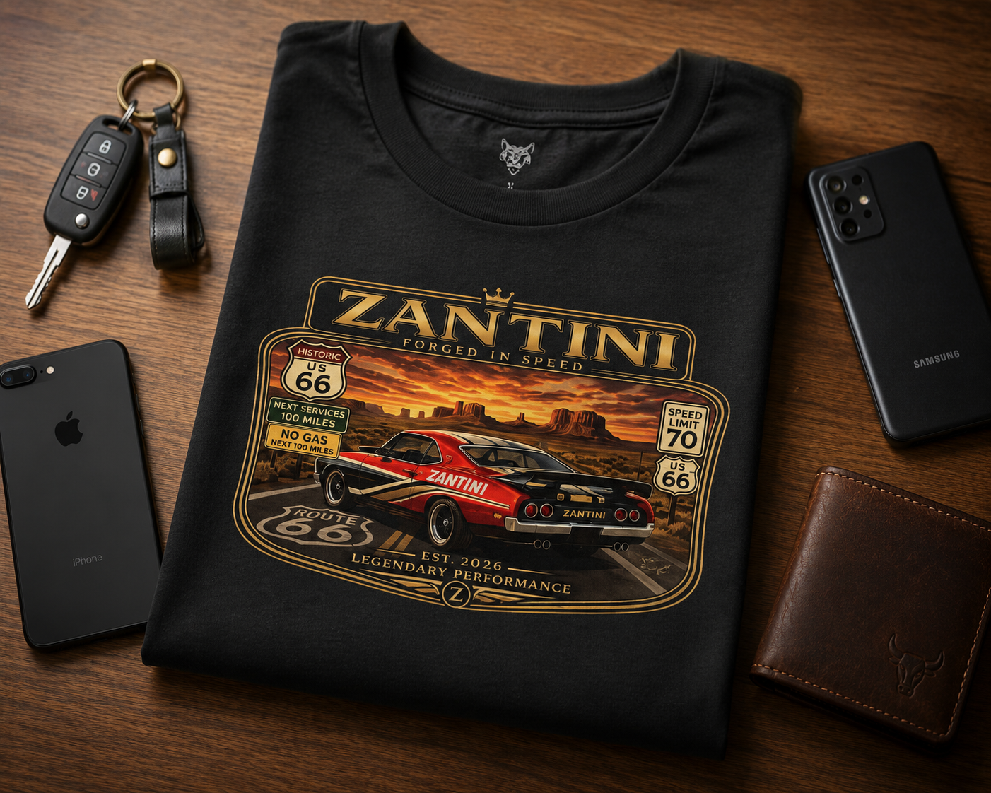 ZANTINI Route 66 Vintage Muscle Car Graphic T-Shirt – Forged In Speed